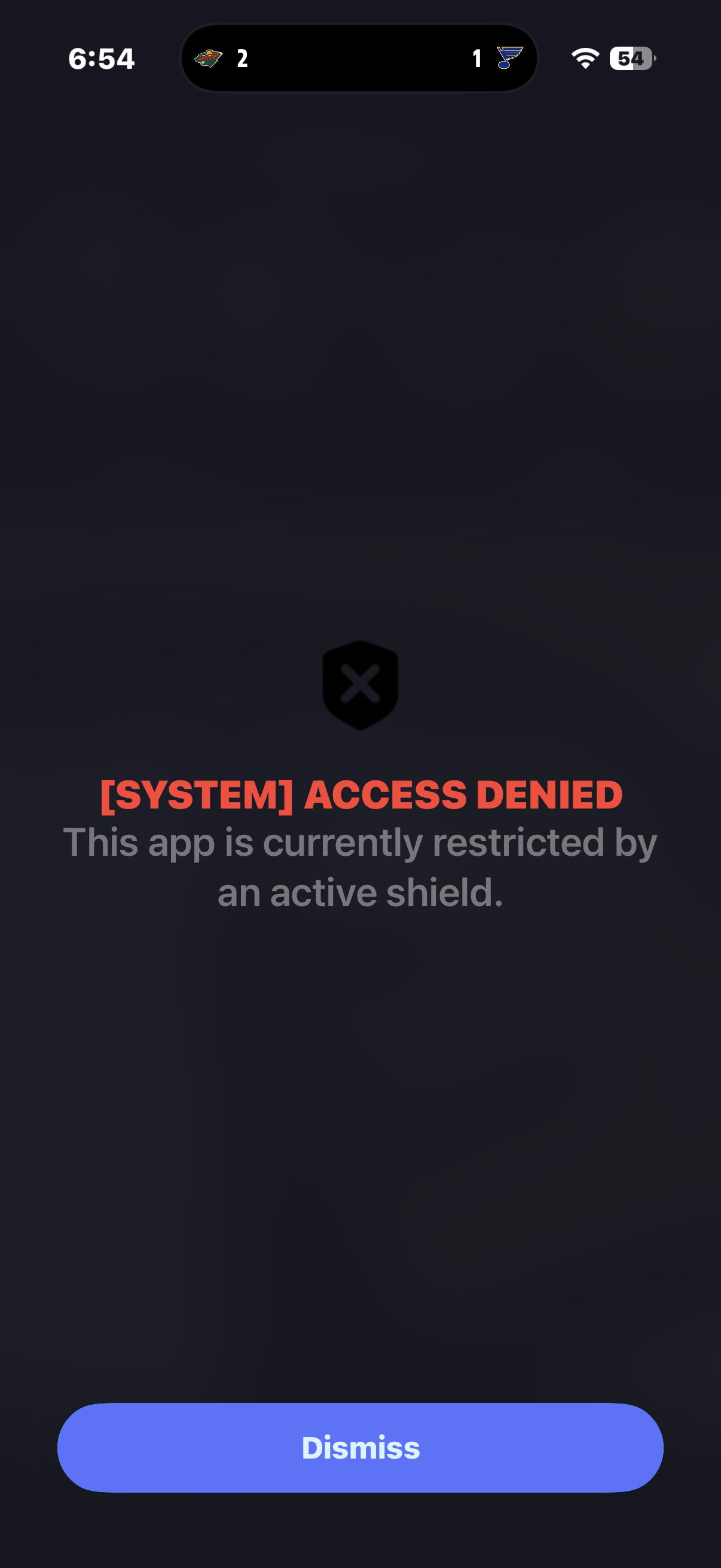 Arise's custom shield screen. Red text reads '[SYSTEM] ACCESS DENIED' above the line 'This app is currently restricted by an active shield', with a Dismiss button at the bottom.