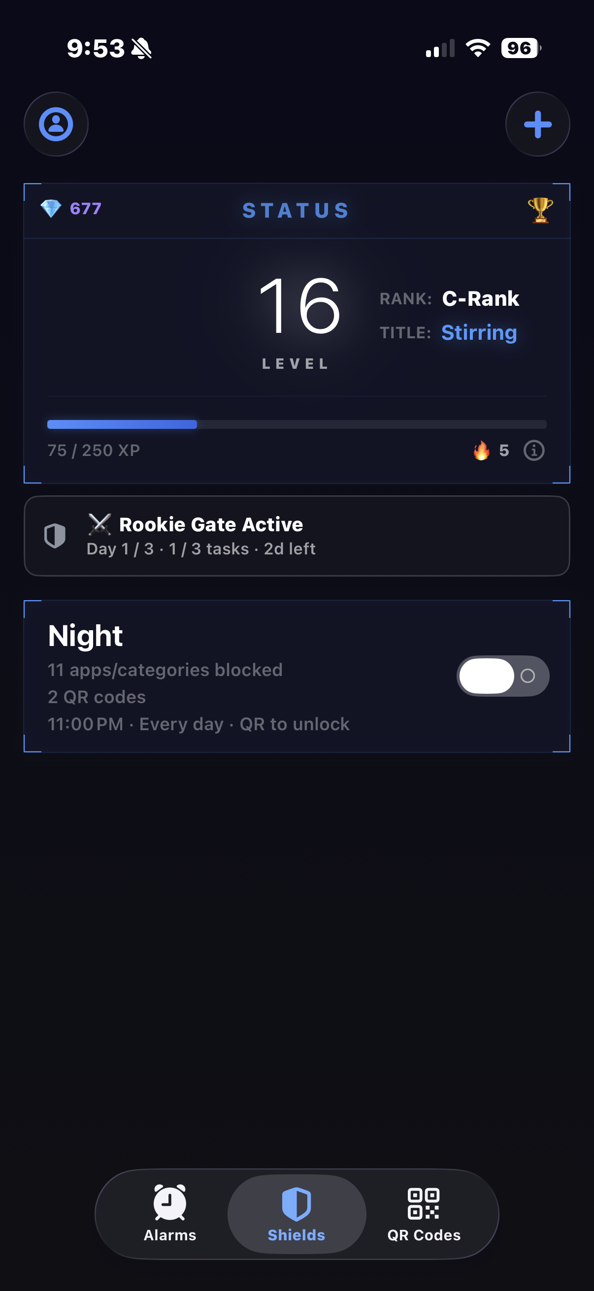 Arise home screen. A status card at the top shows level 15, C-Rank, the title 'Stirring', 20/240 XP progress, and a 4-day streak. Below it sits a Rookie Gate badge and three alarms: 7:00 AM, 8:00 AM (weekdays), and 9:30 AM (weekends).