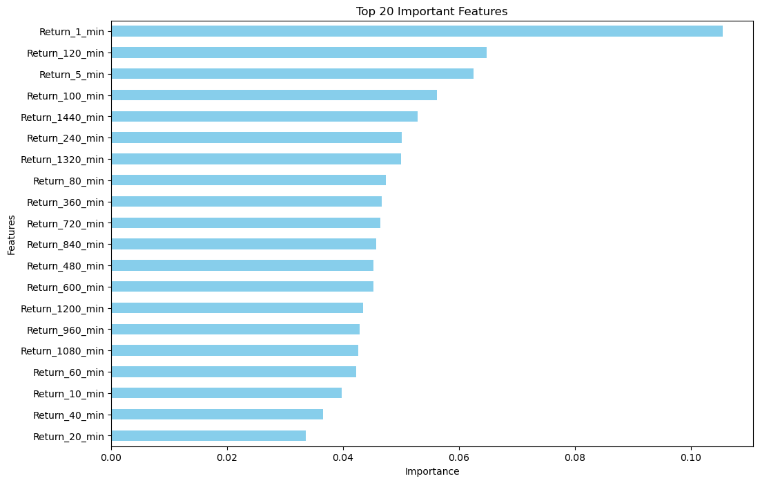 Bar chart of the top 20 features the random forest used, ranked by importance. Return_1_min sits at the top, well ahead of any other lookback.