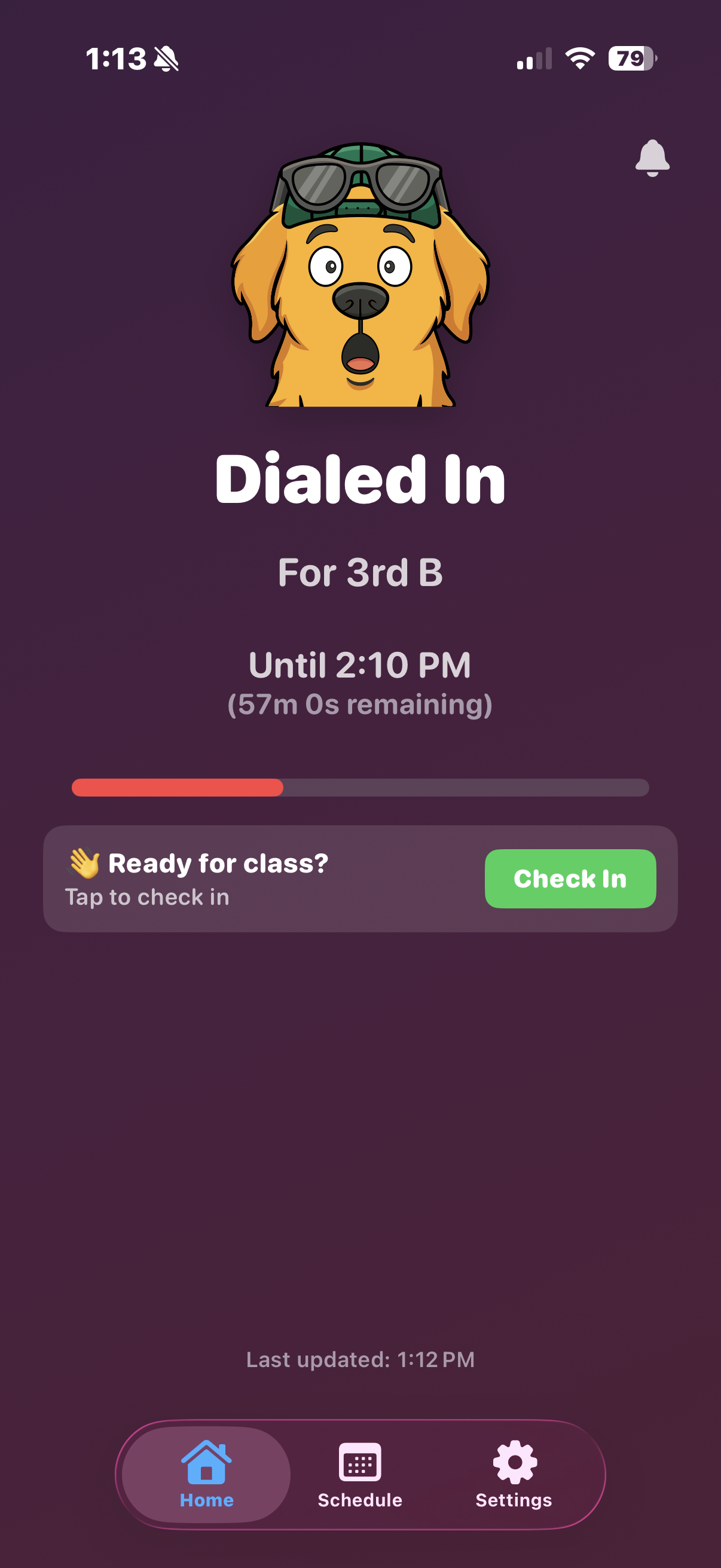 Pawse home screen during an active period. The mascot sits above the label 'Dialed In', then 'For 3rd B', 'Until 2:10 PM (57m 0s remaining)', a red progress bar, and a check-in prompt.
