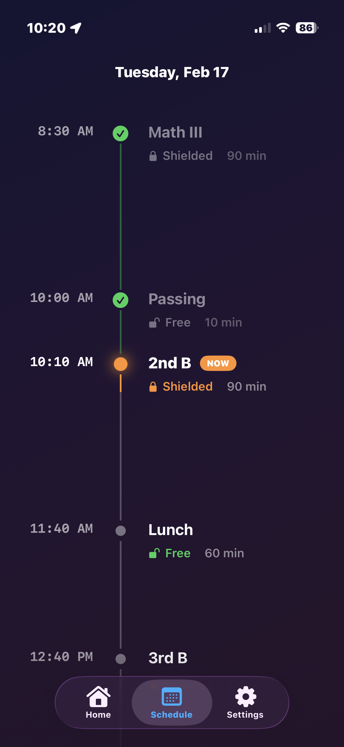 Pawse schedule view for Tuesday, Feb 17. A vertical timeline shows Math III at 8:30 AM (shielded, completed), Passing at 10:00 AM (free, completed), 2nd B at 10:10 AM marked NOW (shielded), Lunch at 11:40 AM (free), and 3rd B at 12:40 PM.